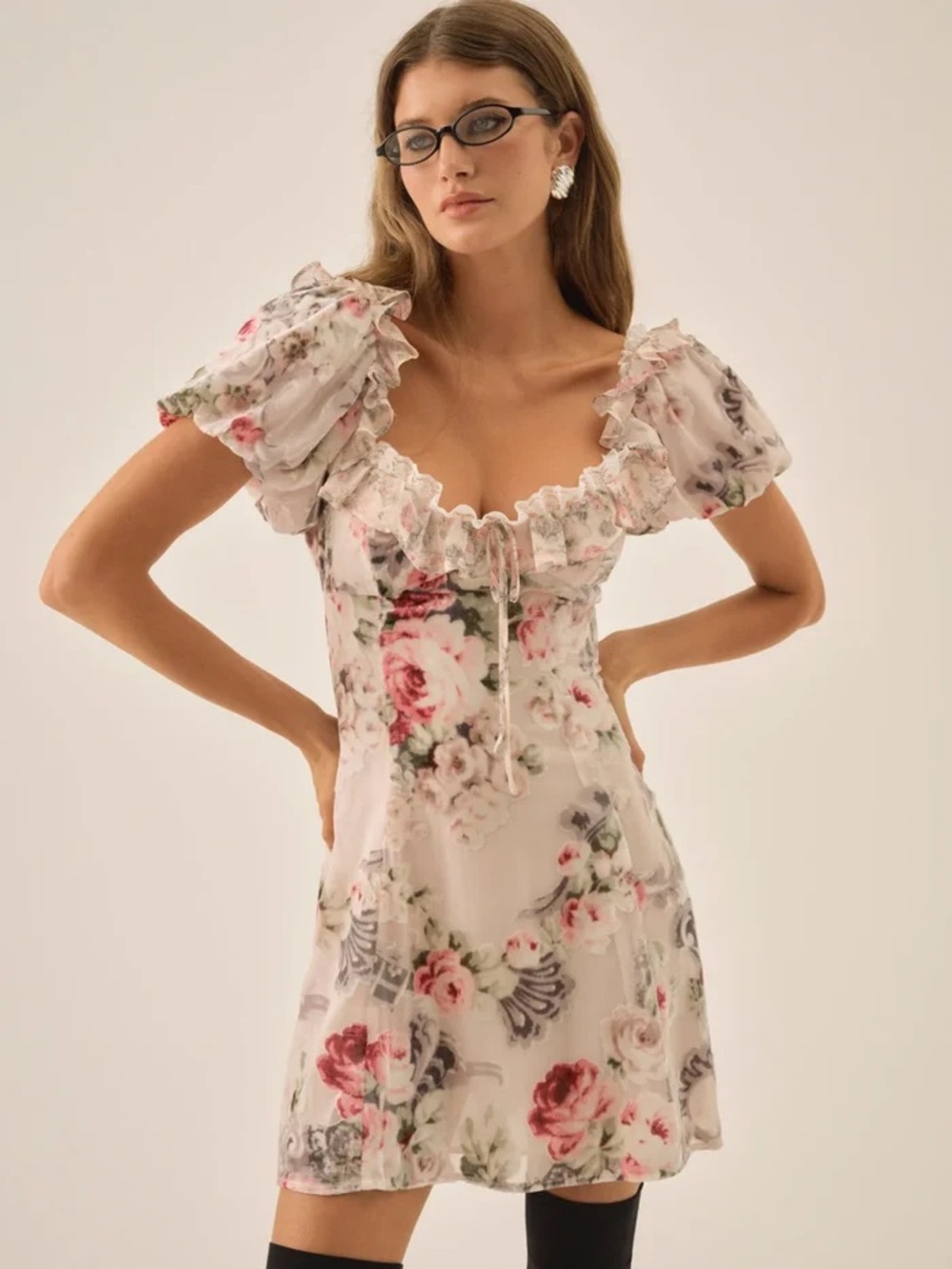 $249 NWOT For Love And Lemons “Nora” Floral Ruffle Mini Dress in Pink Sz Small